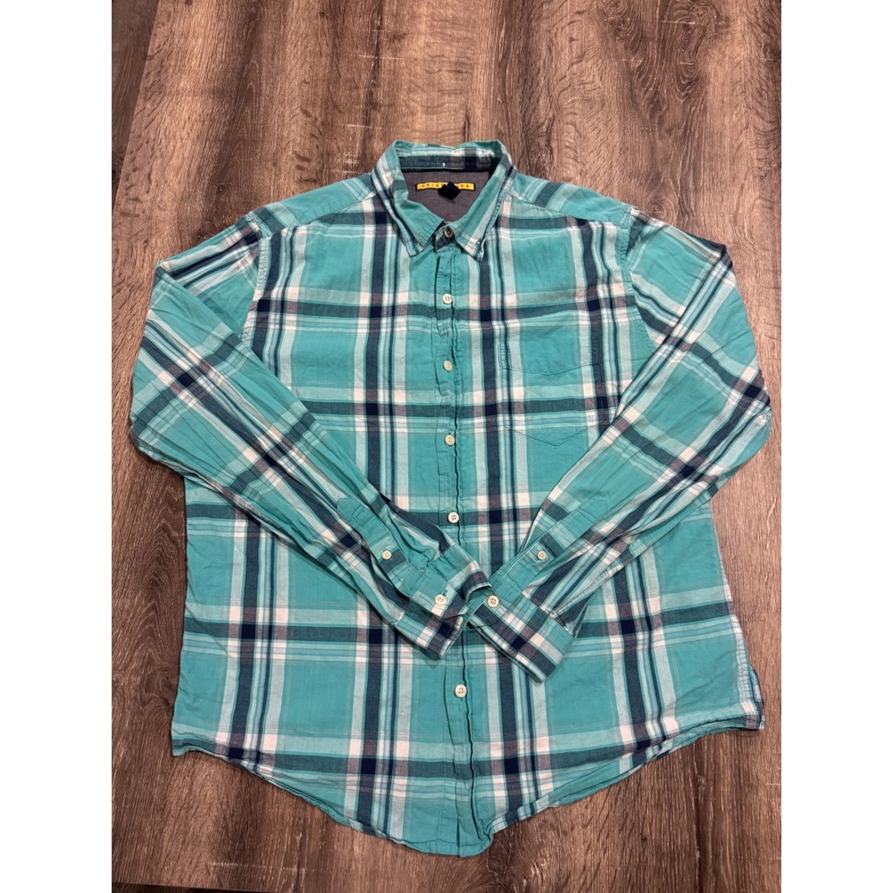 Prince & Fox Mens Teal Blue Plaid Long Sleeve Cotton Button Down Shirt Large